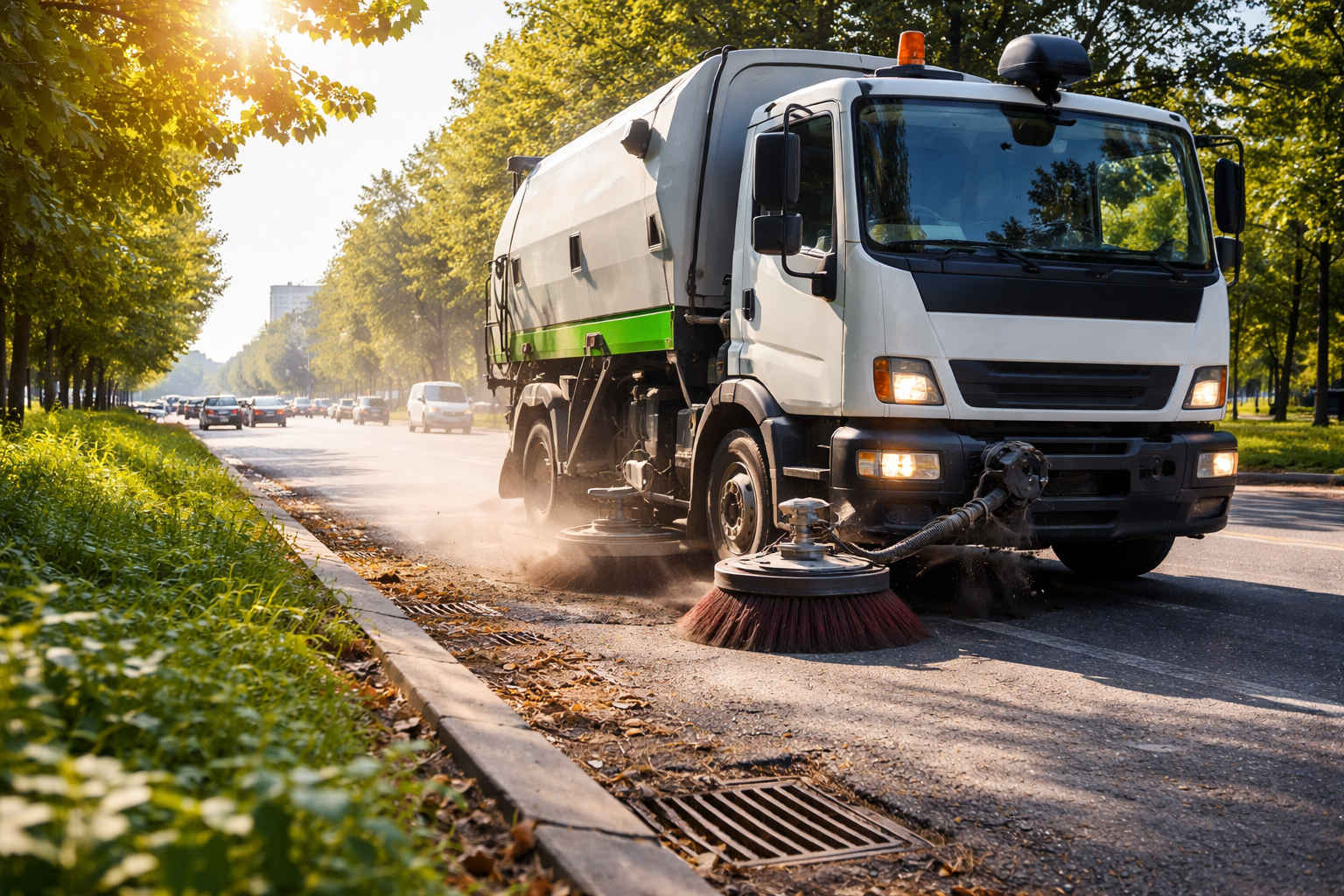 Spazzatrice stradale in azione durante la pulizia di una strada urbana con rimozione di foglie e detriti dai margini stradali