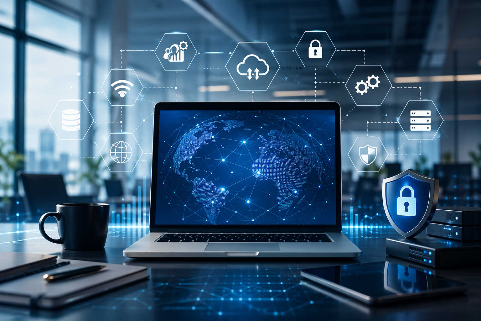 Laptop con rete digitale, cloud e sicurezza informatica in ufficio moderno