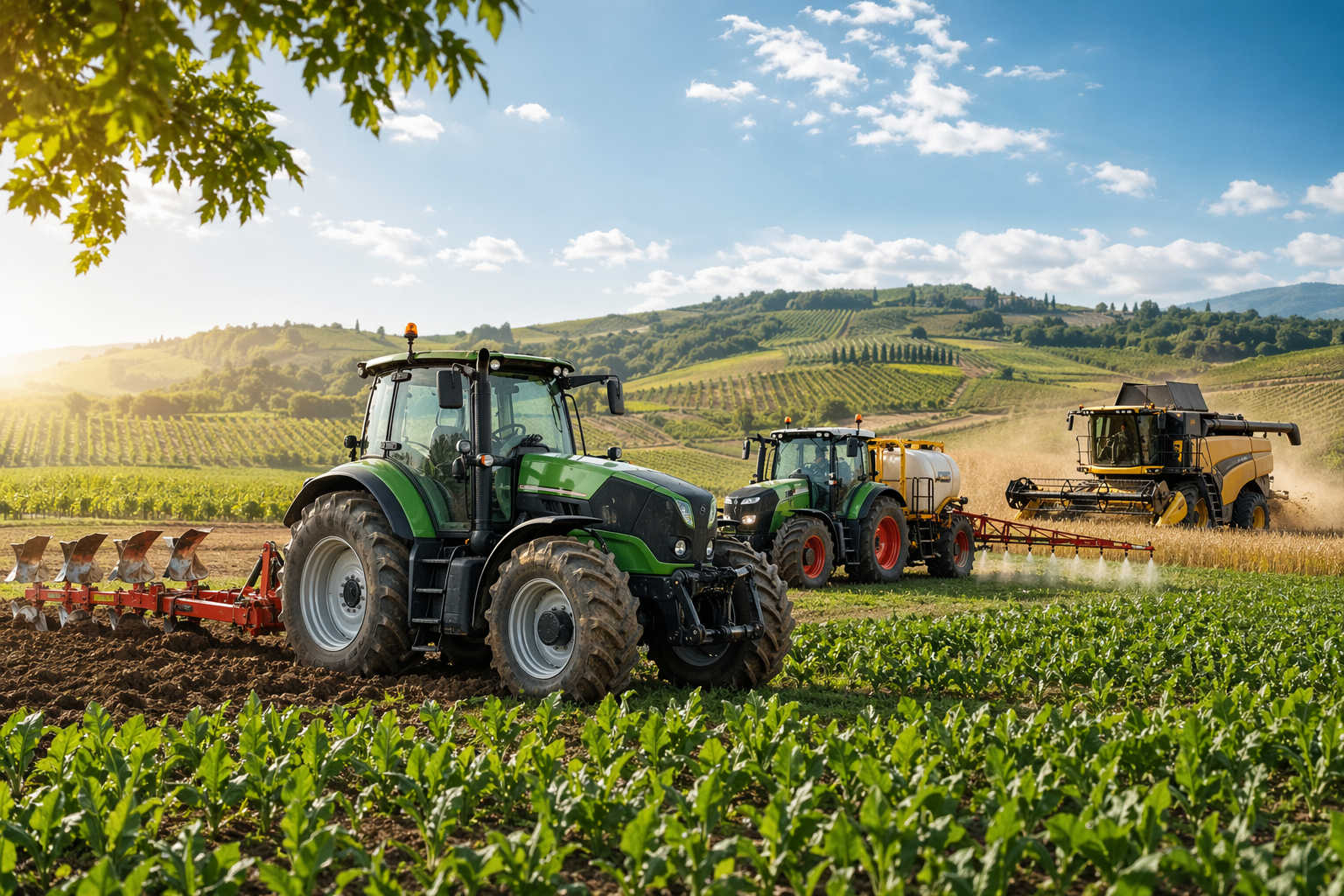 Macchine agricole moderne in funzione su campo coltivato con trattori e mietitrebbia al lavoro in paesaggio rurale