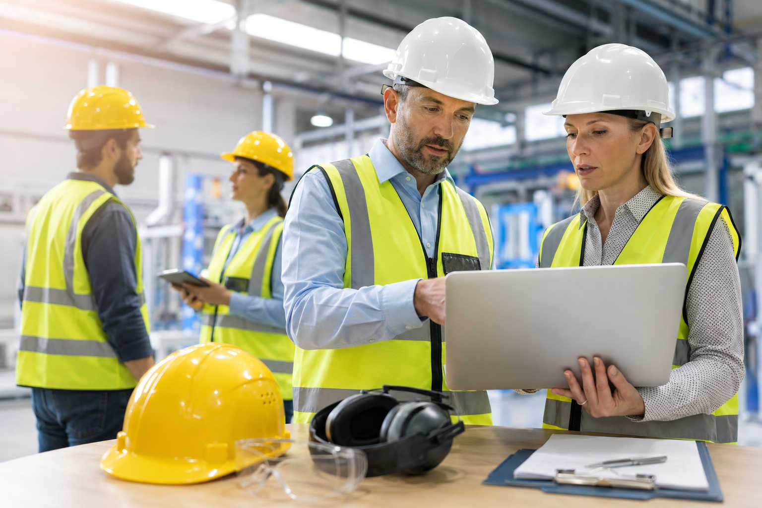 Professionisti con casco e dispositivi di sicurezza durante una riunione in azienda dedicata alla prevenzione e alla sicurezza sul lavoro