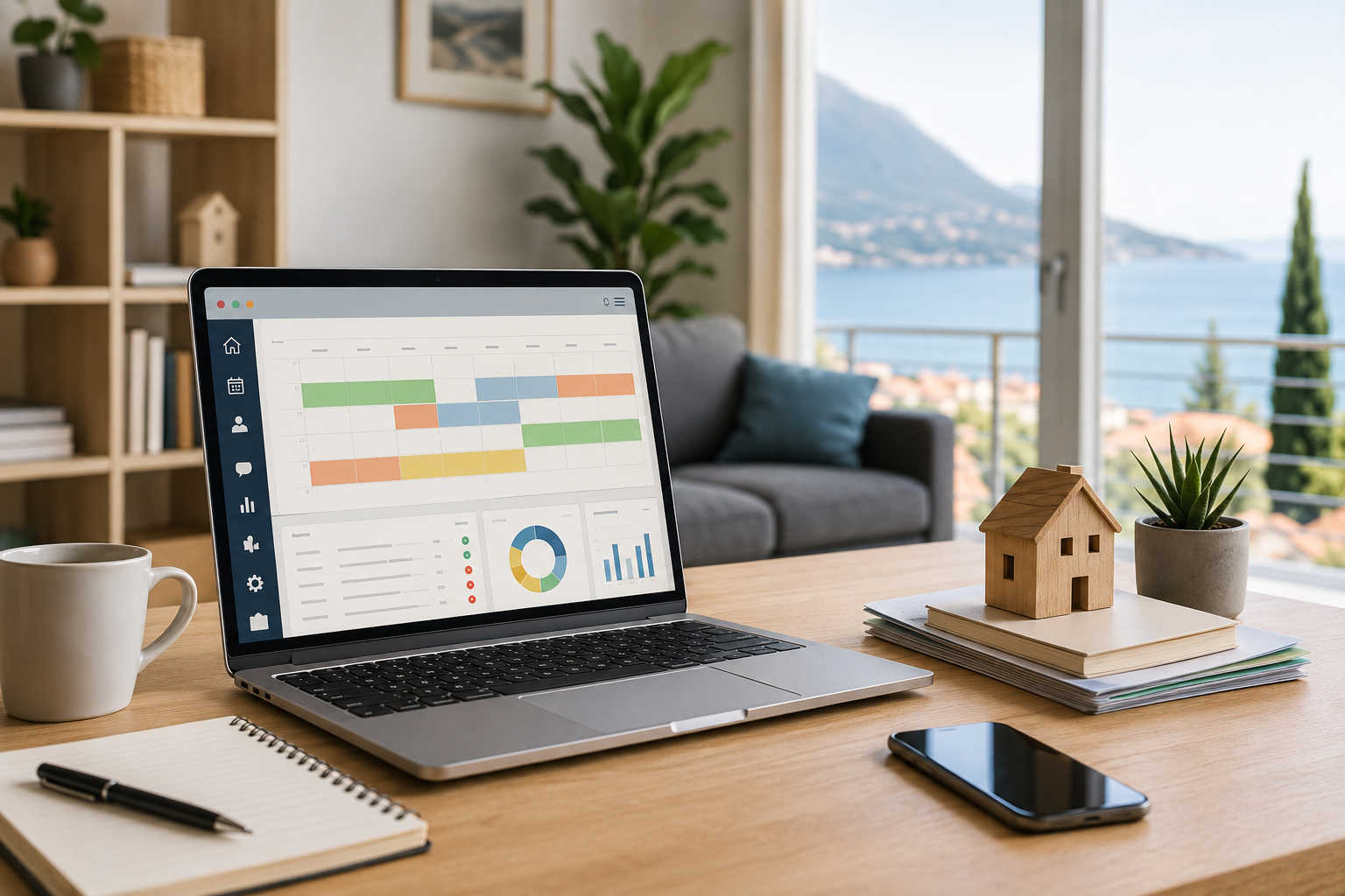 Laptop con software di gestione prenotazioni aperto su una scrivania in una casa vacanze moderna, con vista panoramica sul lago e strumenti di lavoro per l’organizzazione degli affitti turistici.