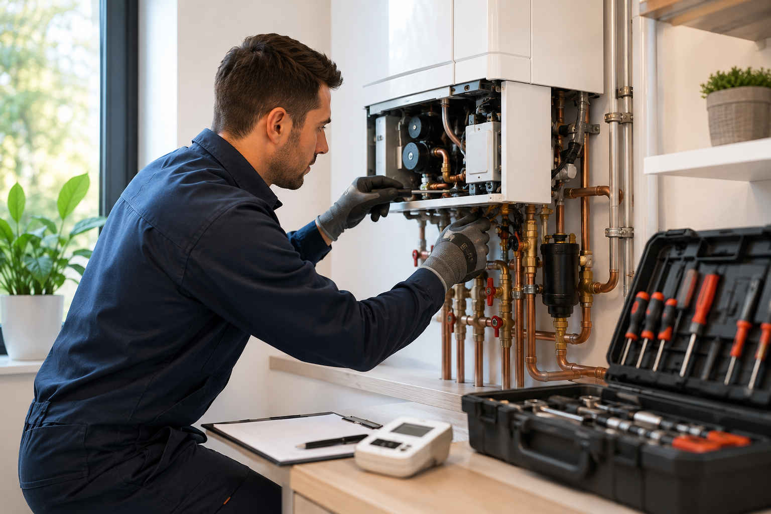 Tecnico specializzato esegue la manutenzione di una caldaia domestica per migliorare efficienza energetica, sicurezza e prestazioni dell’impianto di riscaldamento.