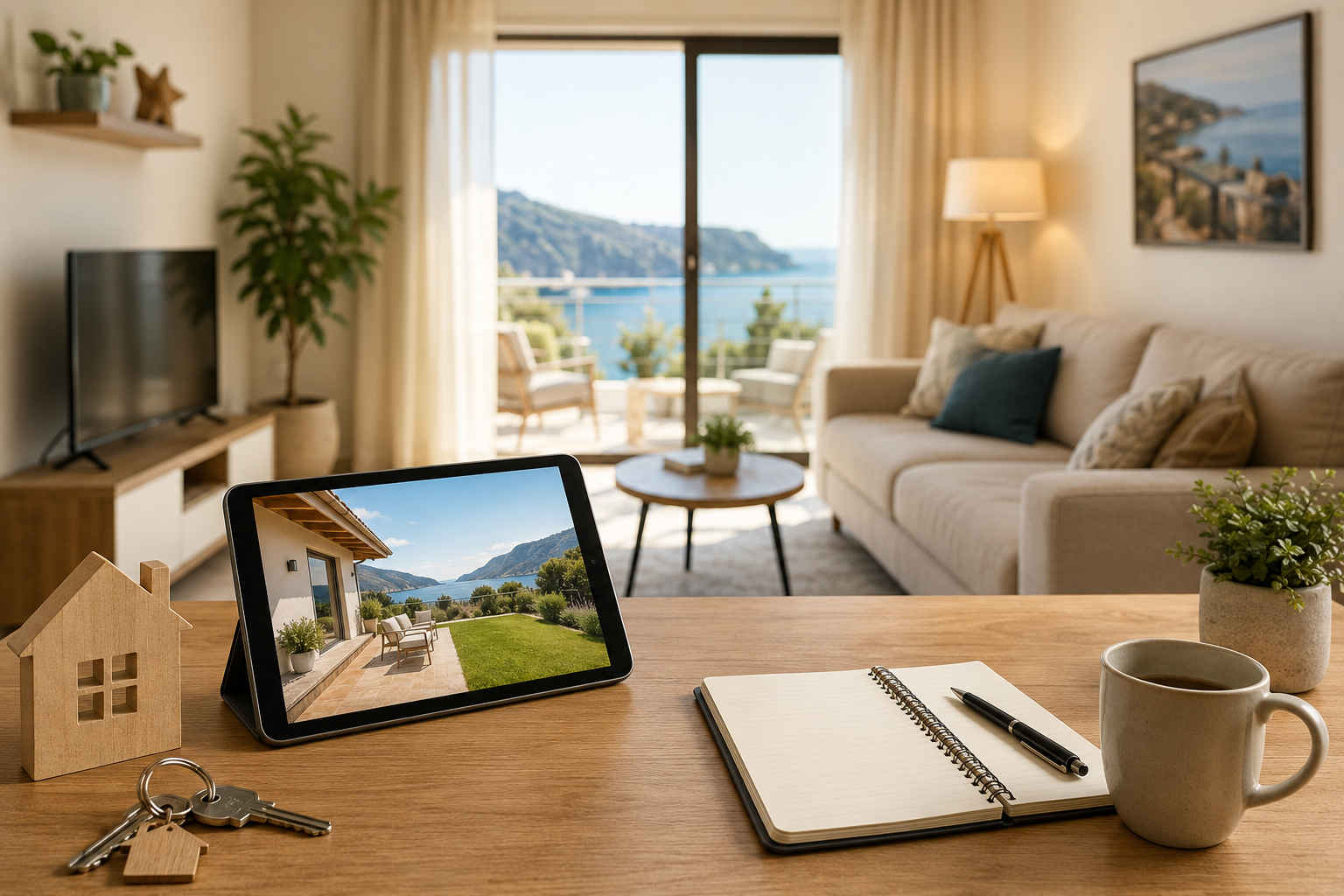 Gestione professionale di una casa vacanze con soggiorno moderno, strumenti organizzativi e vista panoramica, simbolo di efficienza negli affitti brevi e nell'ospitalità turistica.