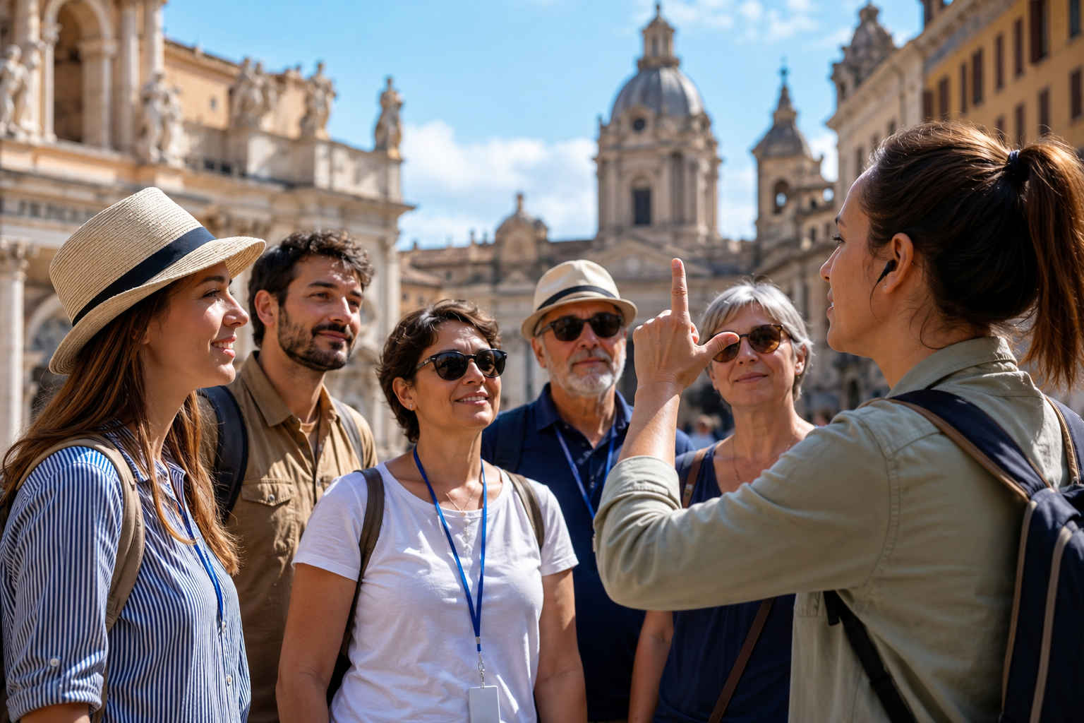 Gruppo di viaggiatori durante una visita guidata accessibile con interprete LIS in una città d'arte, esempio di turismo inclusivo per persone sorde.